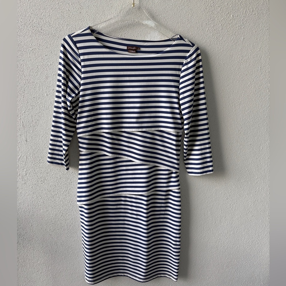 J McLaughlin Nautical Stripe Navy White‎ Small Layered Sheath Dress Stretch Soft